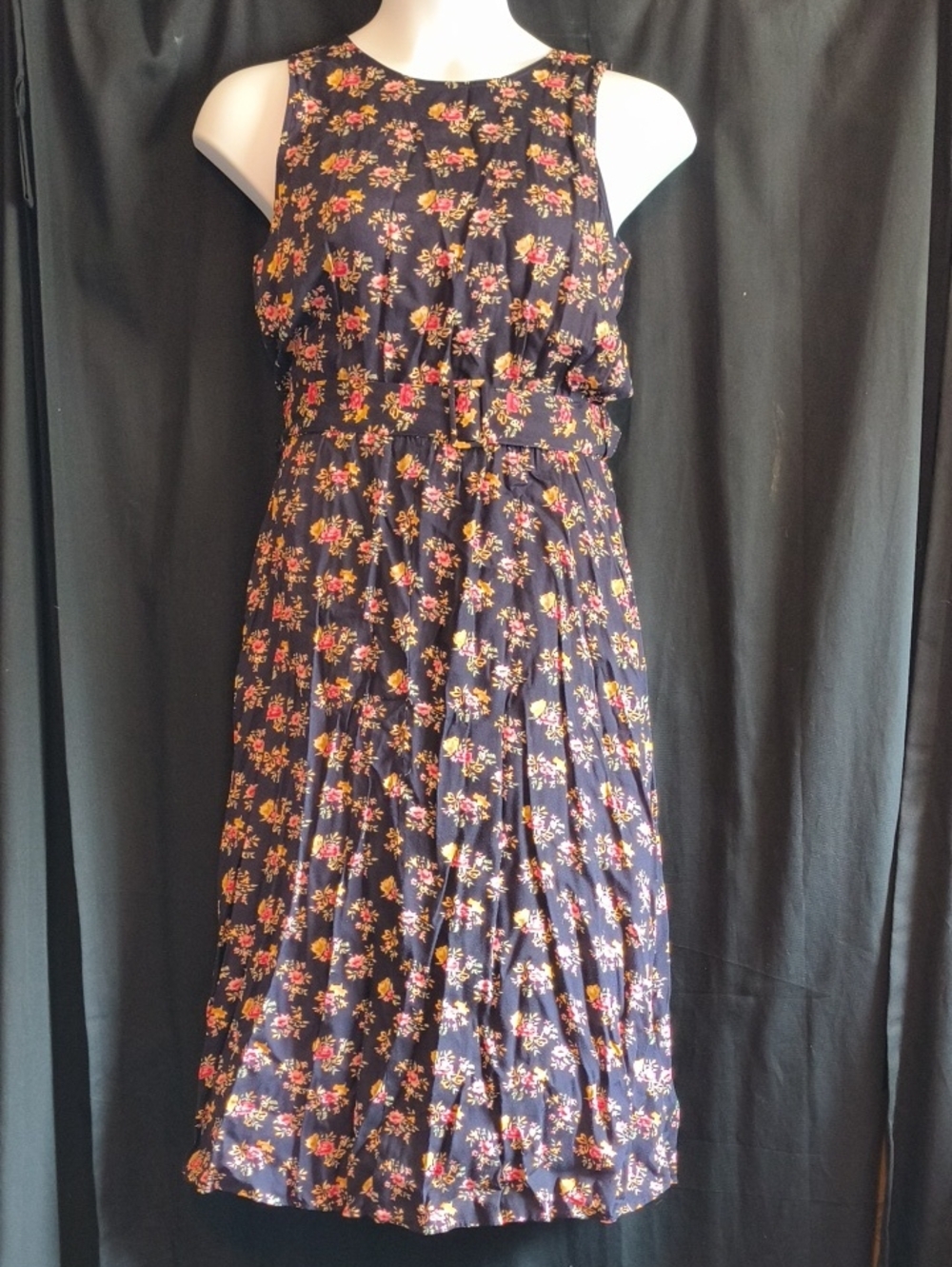 Erika Navy Midi Dress with Pink and Yellow Floral Pattern #0098